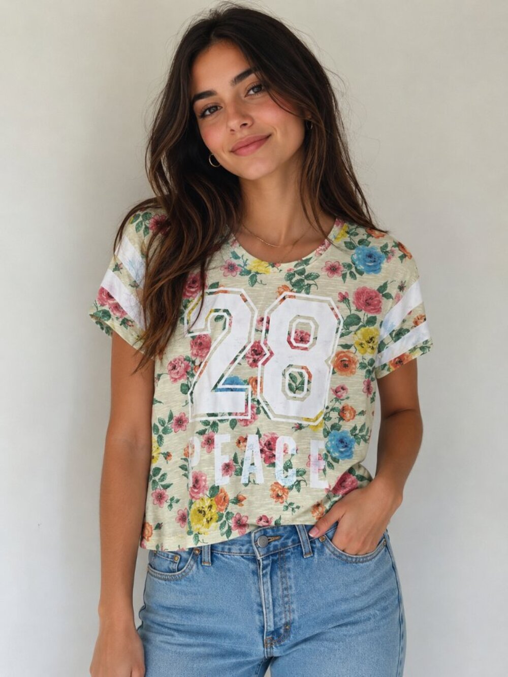 Floral Graphic T-Shirt With "28 Peace" Print Short Sleeves By Wet Seal - Size S